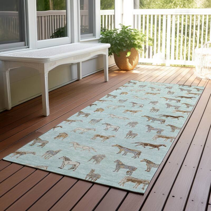 Machine Washable Indoor/ Outdoor Horses Chantille Rug - Mint - 2'3" x 7'6"