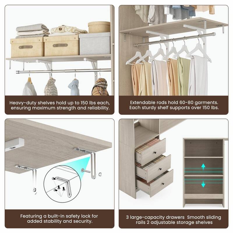 High-Capacity Closet Organizer Wardrobe Rack with Drawers, Shelves & Expandable Hanging Rods (Fits 6-9 ft Spaces)
