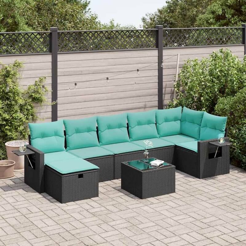 vidaXL 7 Piece Patio Sofa Set with Cushions Black Poly Rattan - 21.7 x 24.4 x 27.2 - Black-with storage - total of 8 pieces