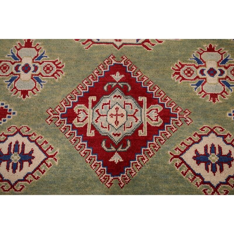 Green Geometric Kazak Area Rug Hand-Knotted Wool Carpet - 4'10" x 6'8"