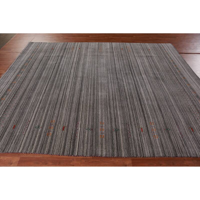 Hand Knotted Oriental 100% Wool Carpet Tribal Stripe Greys & Charcoal Gabbeh Area Rug - 9' 9'' X 8' 1''