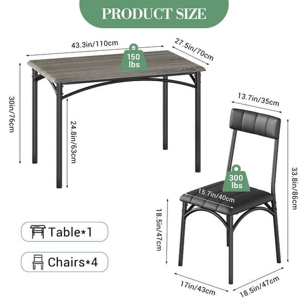 dimension image slide 1 of 2, 5 Pcs Dining Table Chair Set , Compact Kitchen Table Set with 4 Upholstered Chairs - 43.3x27.5x30in