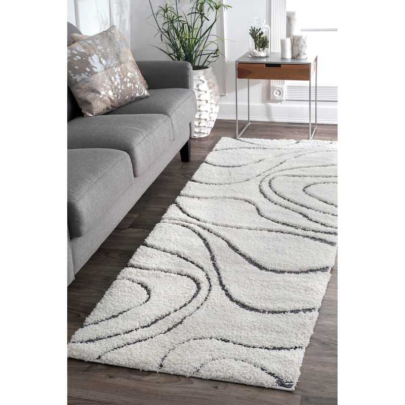 Nuloom Krista Contemporary Swirls Shag Area Rug - 2' 8" x 8' - White/Gray