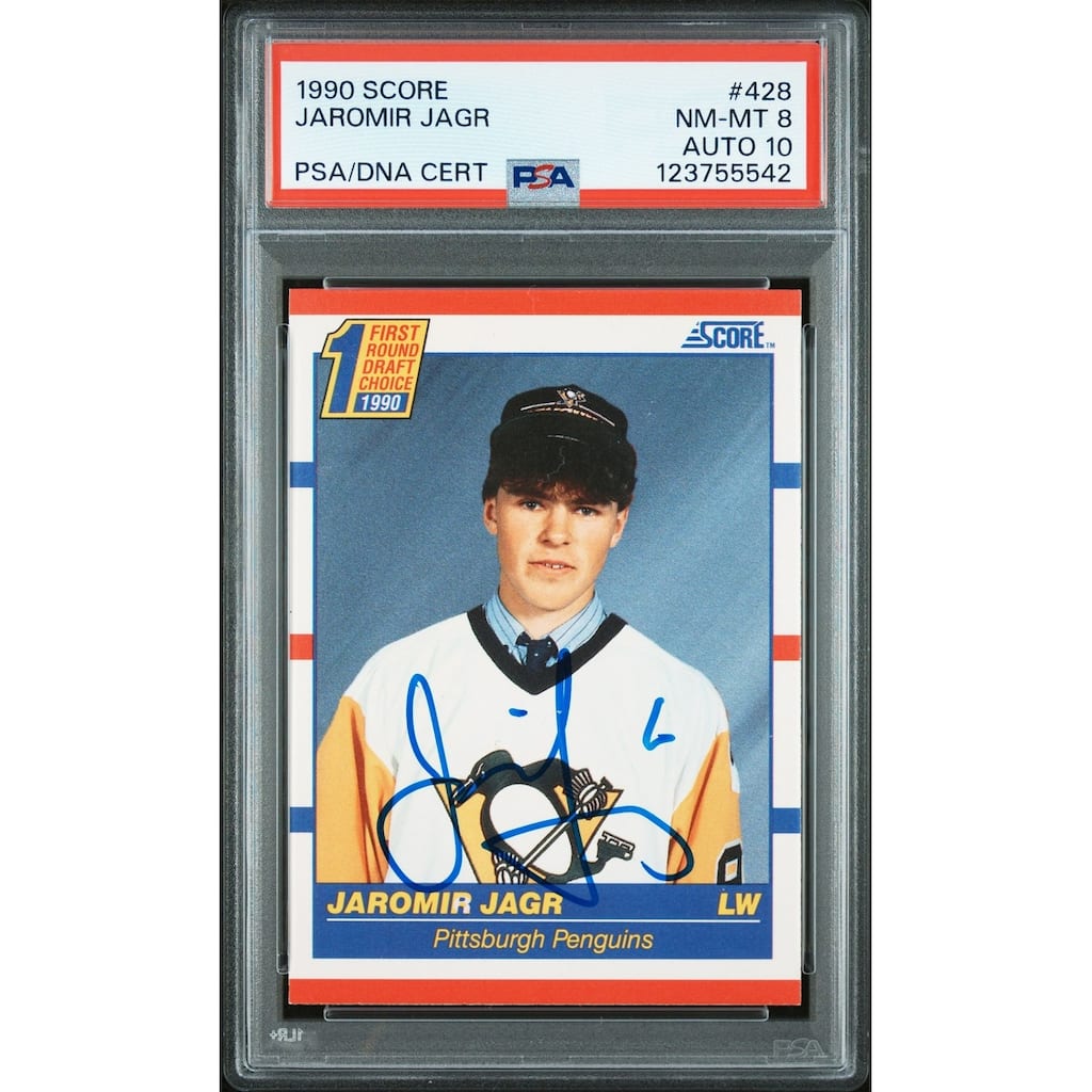 Jaromir Jagr 1990 Score Signed Hockey Rookie Card #428 Graded PSA 8 Auto 10 Cert # 123755542 - 8' x 11'