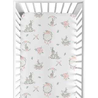 Sweet Jojo Designs Blush Pink Grey Woodland Boho Dream Catcher Arrow Gray Bunny Floral Girl Fitted Crib Sheet - Watercolor Rose