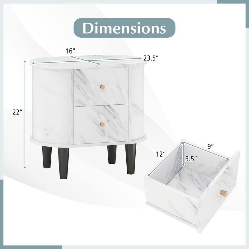 Gymax 2PCS Nightstand w/ 2 Drawers Faux Marble Bedside Table for Small
