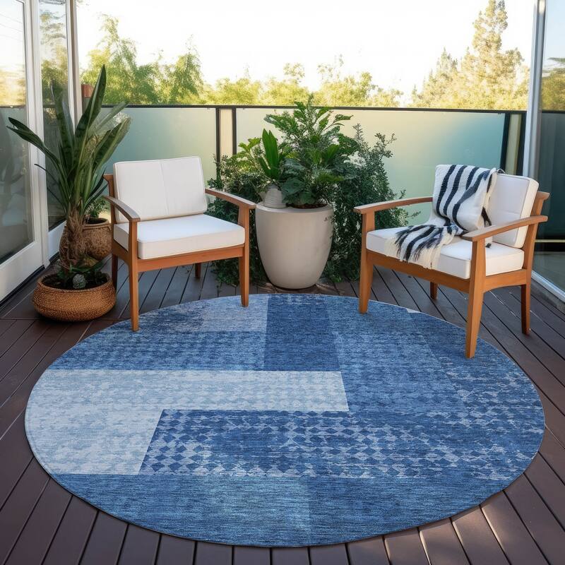 Machine Washable Indoor/ Outdoor Modern Blocks Chantille Rug - Navy - 8' x 8'