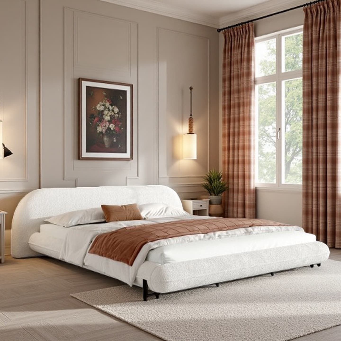 Upholstered Platform Bed Frame with Thick Padded Headboard, Curved Boucle Fabric Design, Solid Wood & Steel Support