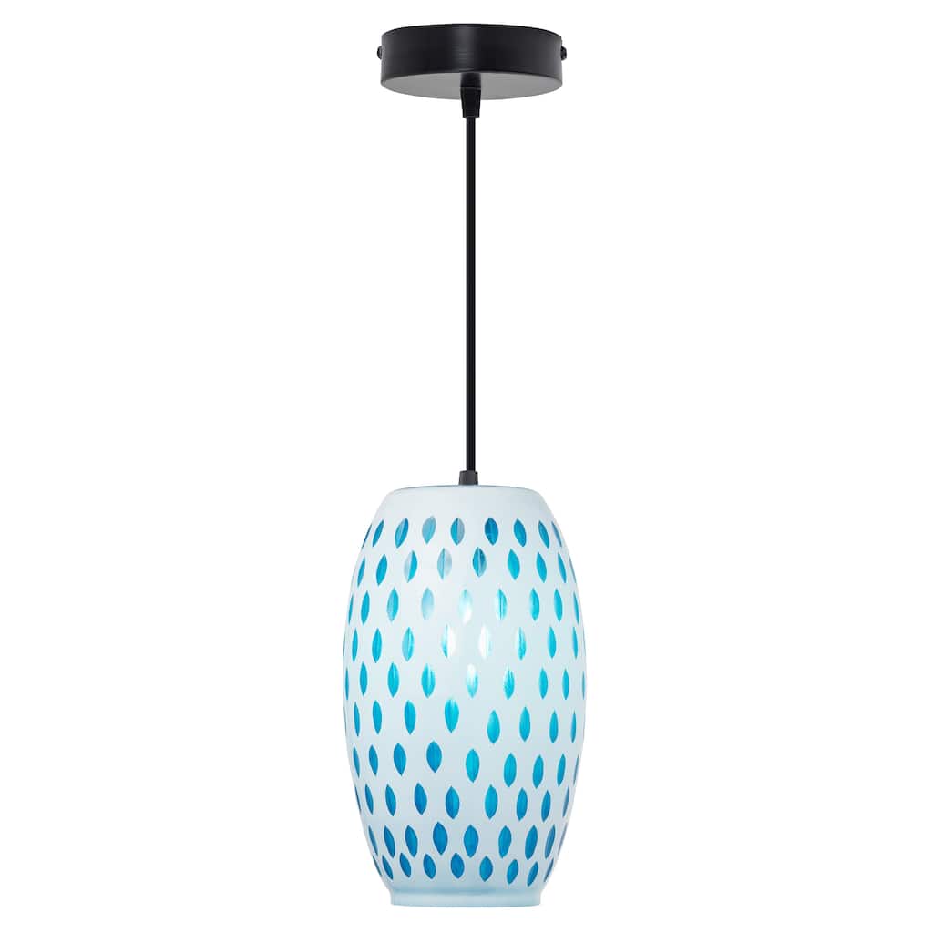 Adriana River of Goods Black Metal and White/Blue Glass 6-Inch Pendant Light with Adjustable Hanging Cord - 6" x 6" x 70.75"