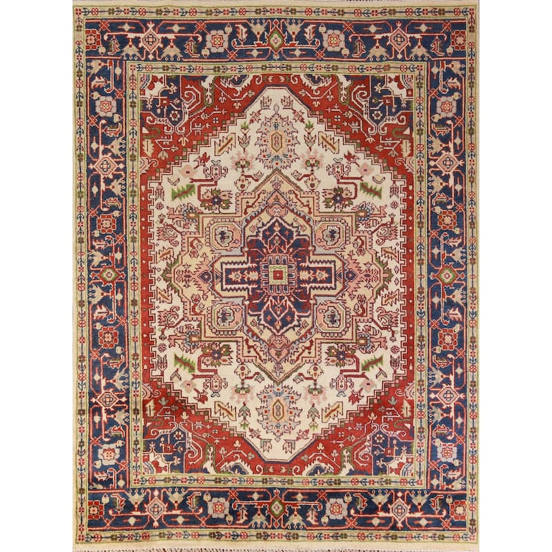 Hand Knotted Oriental 100% Wool Carpet Traditional Medallion Beige & Ivories Heriz (serapi) Area Rug - 9' 10'' X 7' 11''