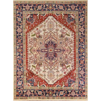 Hand Knotted Oriental 100% Wool Carpet Traditional Medallion Beige & Ivories Heriz (serapi) Area Rug - 9' 10'' X 7' 11''