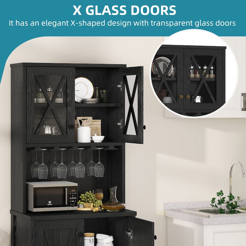 Moasis Coffee Bar Cabinet Kitchen Storage Cabinet with 2 Glass Doors & Wine Racks
