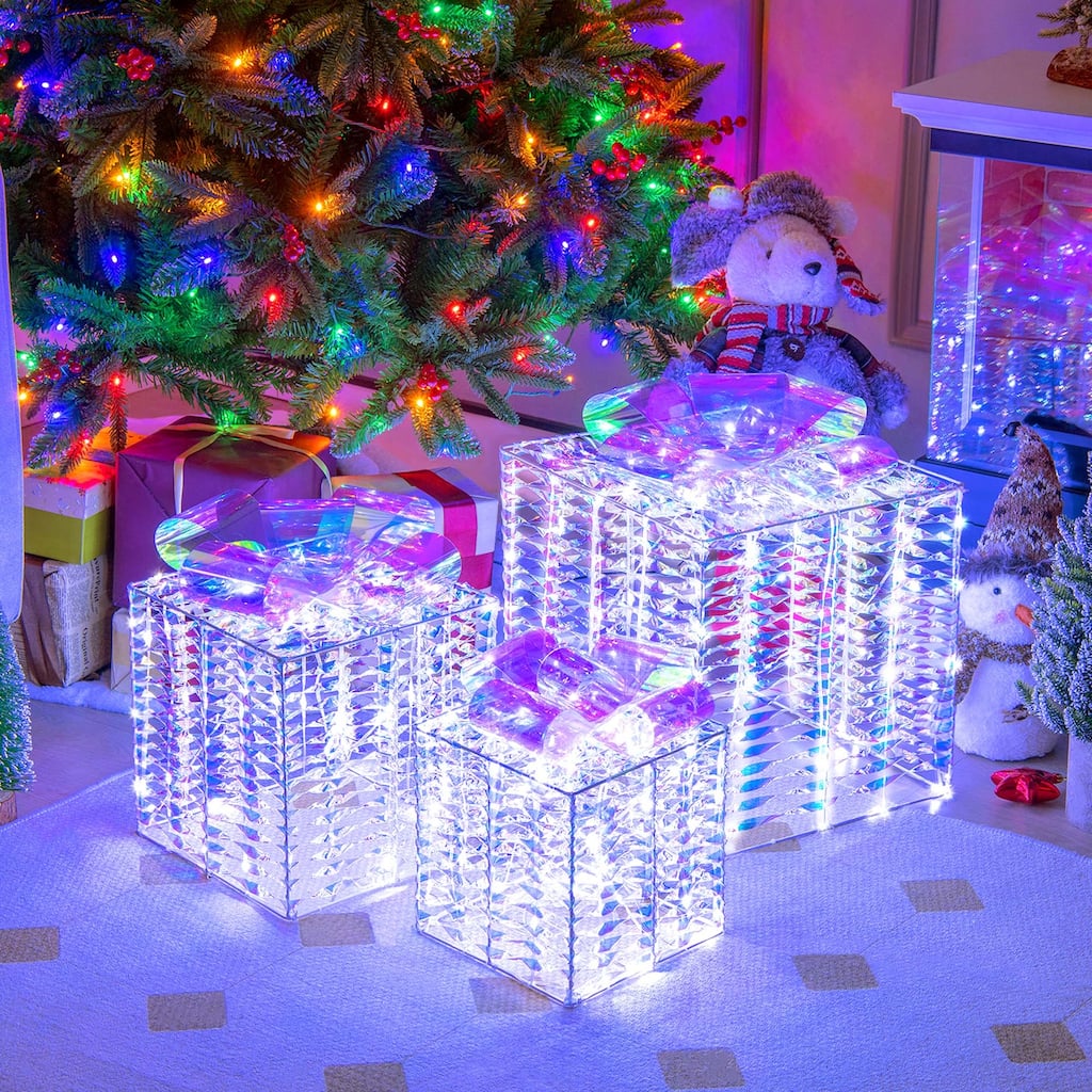 3 pcs Iridescent Christmas Gift Box LED Lighted Present Box Decoration