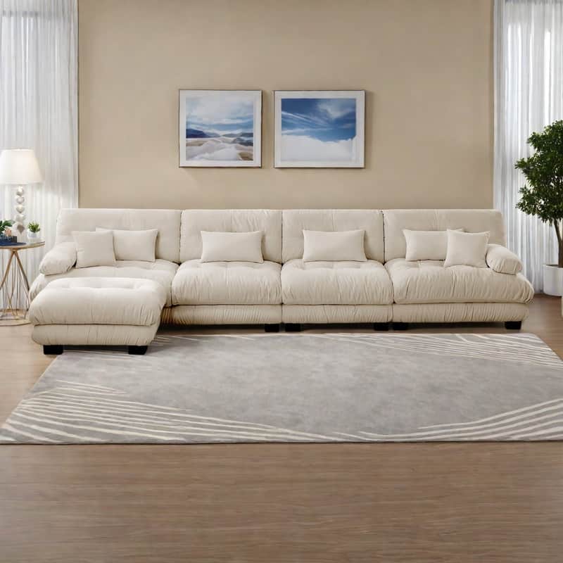 173.2" Chenille Modular 4-Seater L-Shaped Cloud Sectional Sofa with Ottoman - Light Coffee