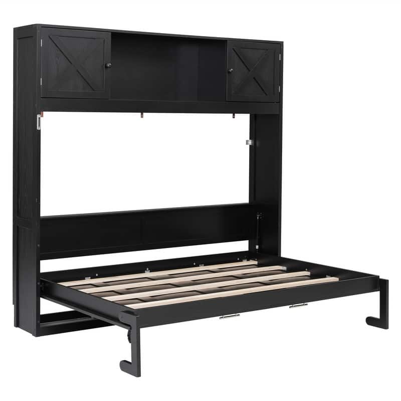Full Size Murphy Bed Wall Bed with Storage Cabinets, Wooden Foldable Murphy Cabinet Bed with Top Storage, Space Saving Design