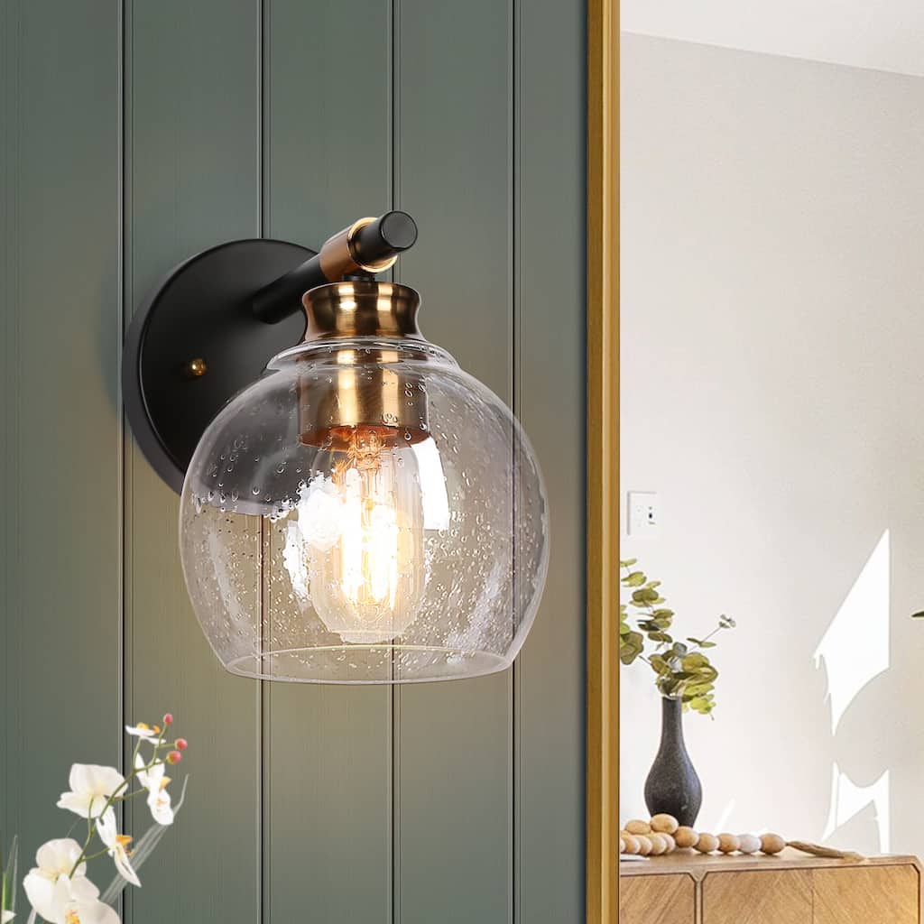 Iain Modern Black Gold 1-Light Seeded Glass Wall Sconce Bathroom Vanity Light