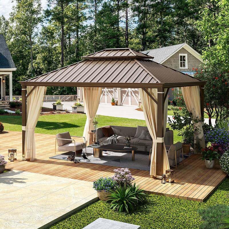 EROMMY Hardtop Gazebo W/Steel Double Roof, Anti-Rust Coating Aluminum Frame Permanent, Hard Top Gazebo for Garden Lawn Parties