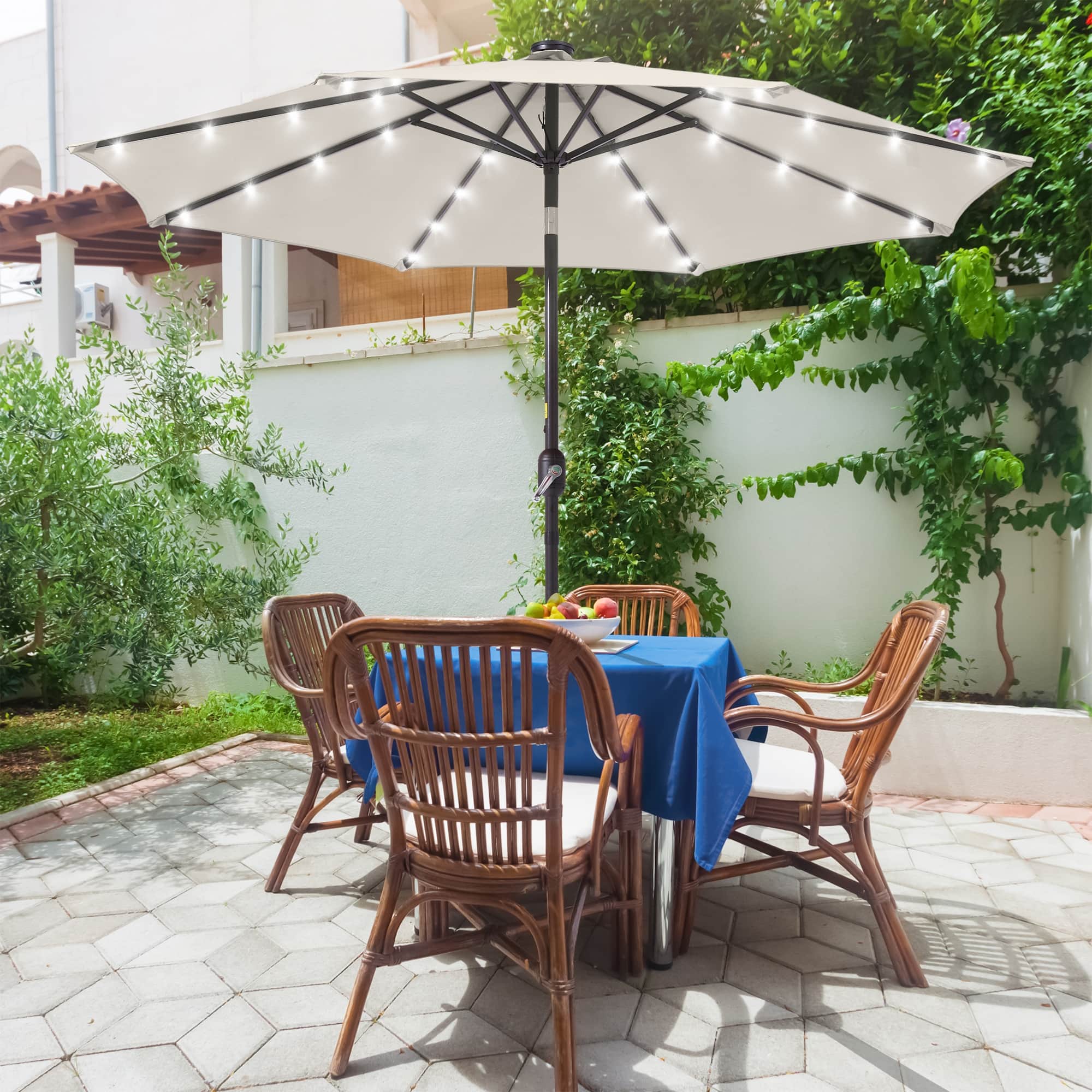 9 ft round patio umbrella 9' Outdoor Umbrella, Outdoor Table Umbrella, Yard Umbrella, Market with 8 Sturdy Ribs, Push Button Tilt and Crank Whether you need to provide shade to friends and family on your deck or poolside or to patrons dining outdoors at your cafe 9' Round Offset Patio Umbrella