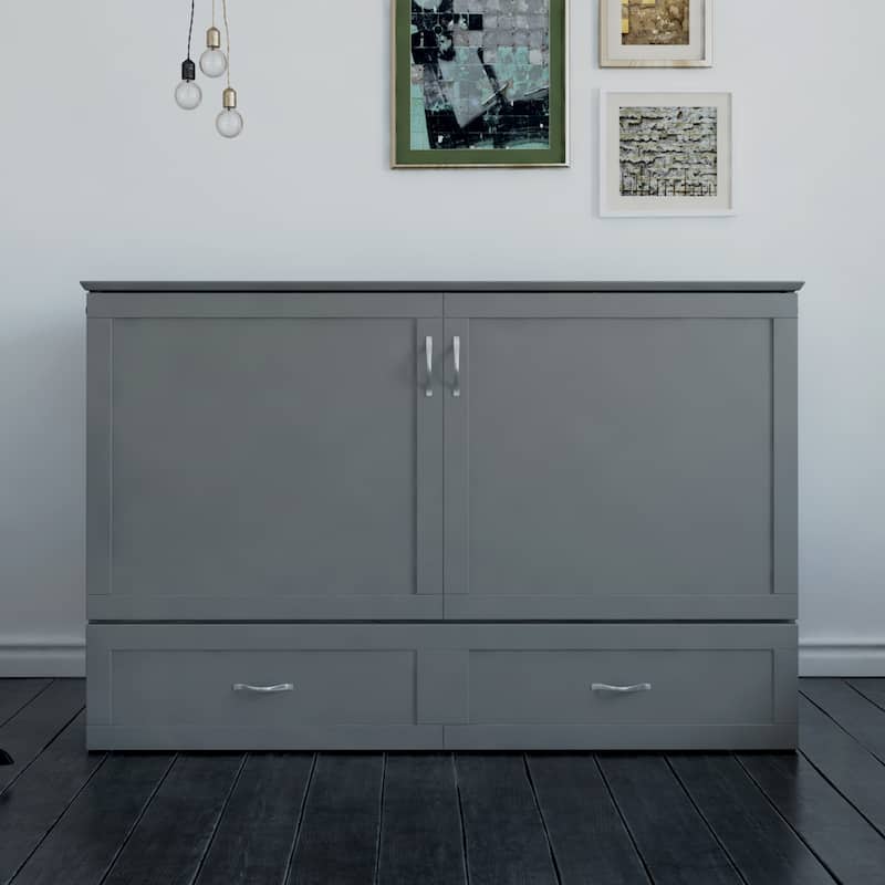 Hamilton Queen Murphy Bed Chest with 6" Mattress, Storage Drawer & Built-In Charger in Grey
