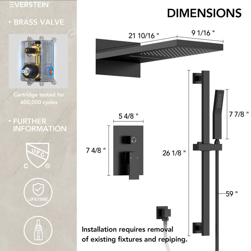 Dual-Function Wall Mounted Waterfall & Rainfall Shower Faucet Set With Rough-In Valve - 22"*10"