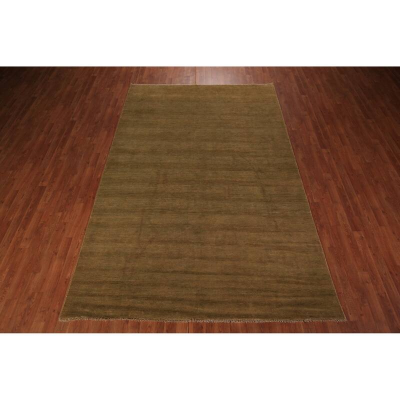 Modern Gabbeh Oriental Area Rug Hand-Knotted Green Wool Carpet - 7'5" x 9'9"