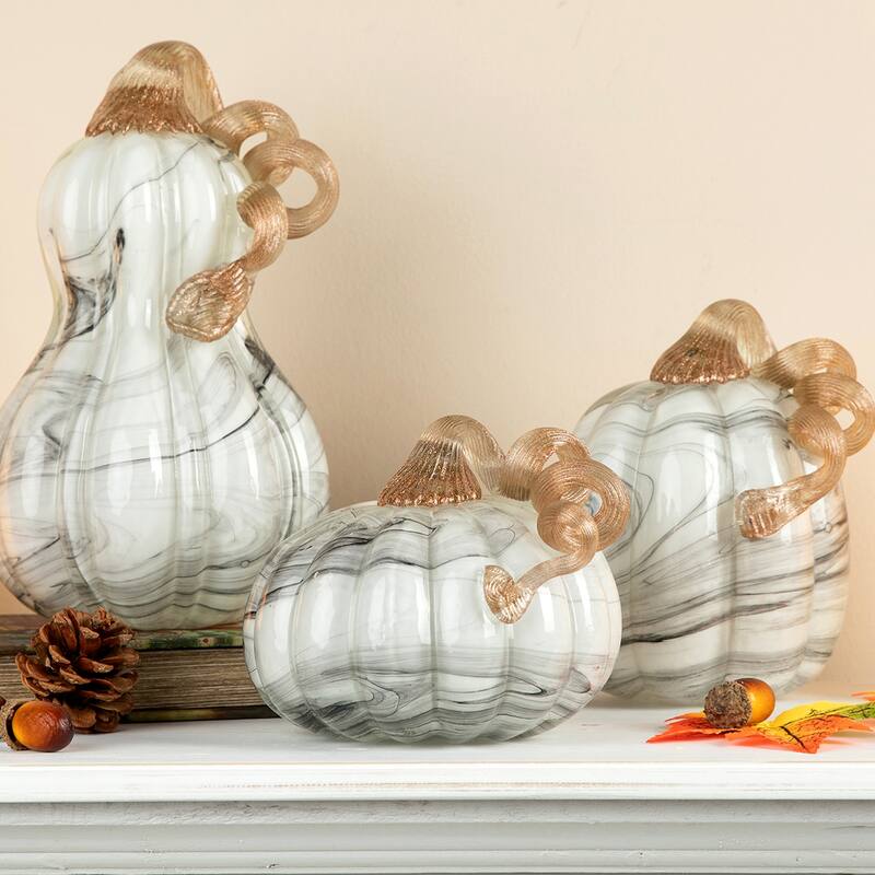Glitzhome Fall Harvest Gray Marble Glass Pumpkin & Gourd Chinese Ink Wash Painting Style for Thanksgiving Decor (Set of 3)