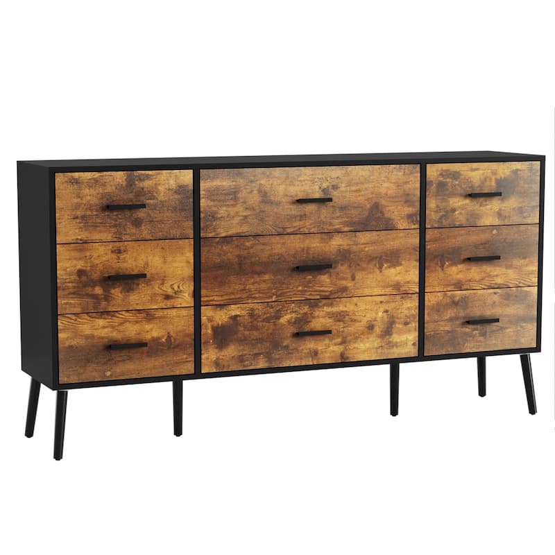 61" Wide 9-Drawer Dresser Rustic Brown Bedroom Chest of Drawers