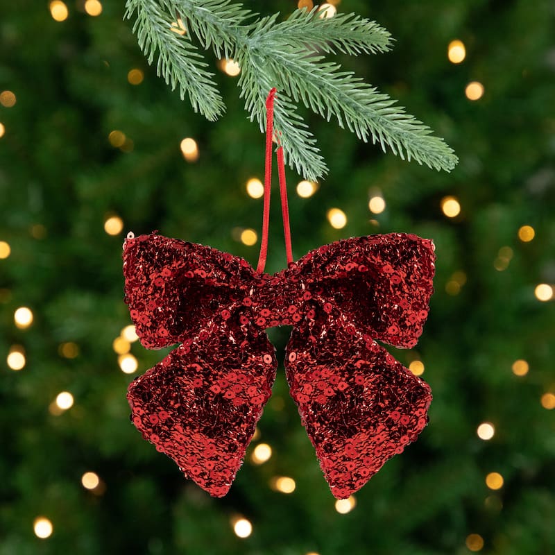 Shimmering Sequin Bow Christmas Hanging Ornament - 6" - Red