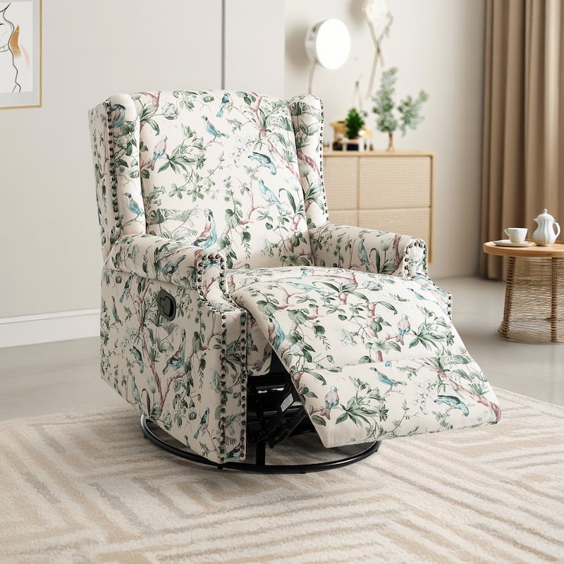 UIXE Roderich Farmhouse Floral Print Swivel Rocker Push Back Recliner - Bird