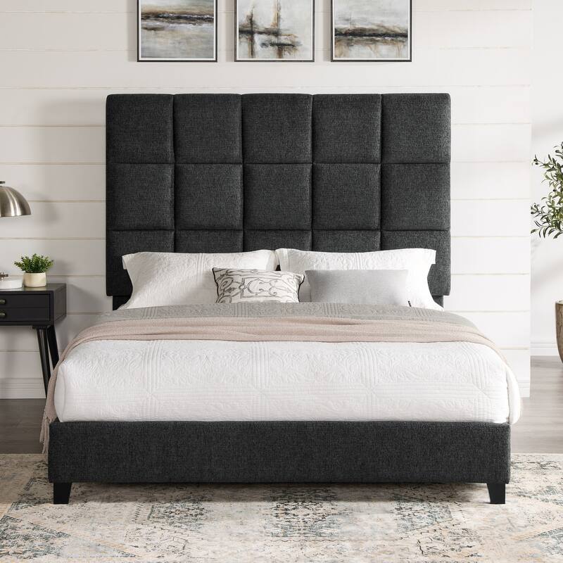 Grey Upholstered Queen Size Platform Bed with Headboard