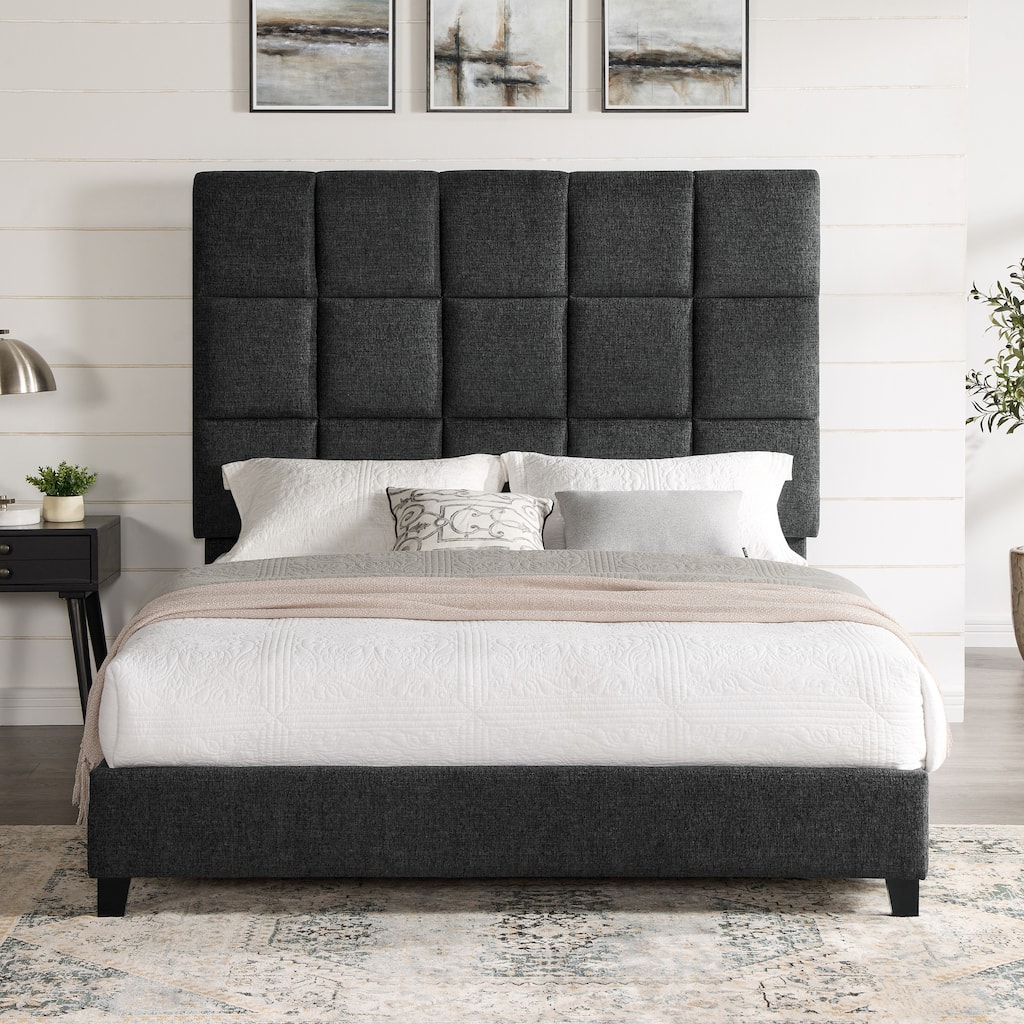 Queen Size Grey Squares Upholstered Platform Bed