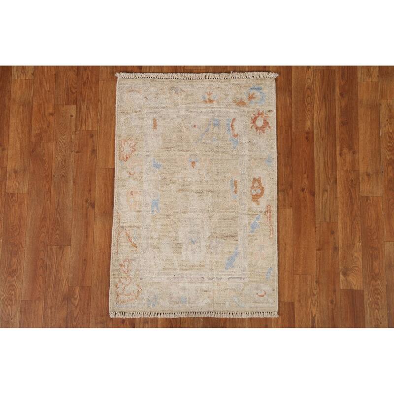 Hand Knotted Oriental 100% Wool Carpet Transitional Geometric Beige & Ivories Oushak Area Rug - 2' 11'' X 2' 0''