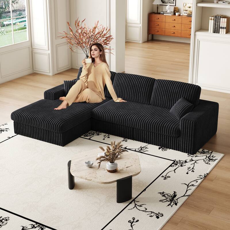 L-Shaped Sectional Sofa with Chaise Lounge, Corduroy Modular Foam Sofa, Upholstered Sofa with 2 Cushion & 2 Throw Pillows