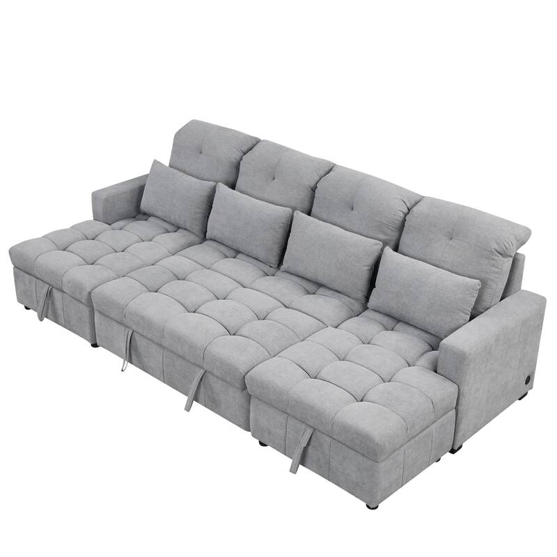 U-shaped Sofa Pull-out Sofa Bed, Modular Sectional Sofa with 2 Storage Chaise Lounges and 2 USB Ports for Living Room