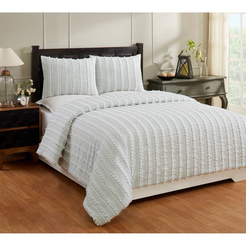 Better Trends Angelique Comforter Set 100% Cotton Tufted Soft Plush Chenille Elegant Stripes Machine Washable & Tumble Dry - Teal - Queen