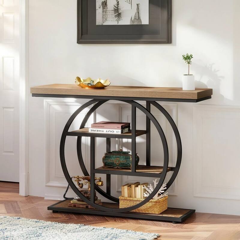 41.3" Industrial Console Table, 4-Tier Sofa Entryway Table with Circle Base, Modern Narrow Accent Table with Storage