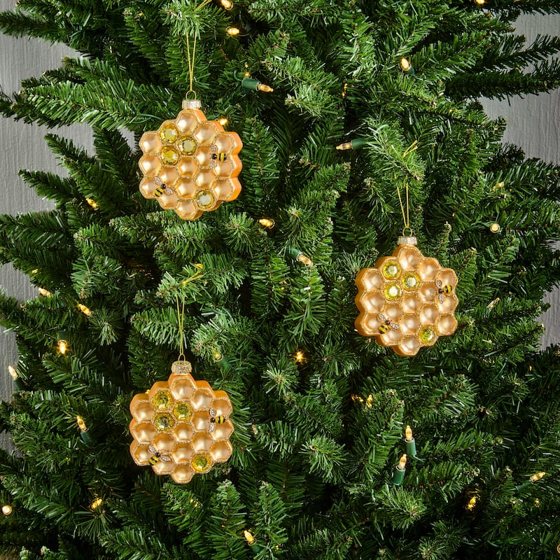 4" Glass Honeycomb With Bees Ornament