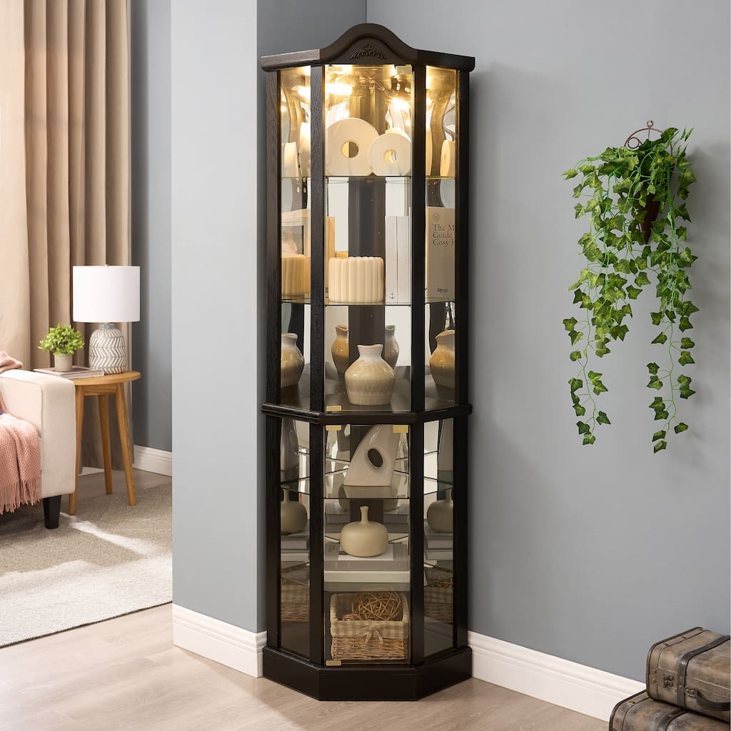 Lighted Glass Display Cabinet Corner Curio Cabinet with Adjustable Shelves Carved Cherry Decoration Wine Cabinet