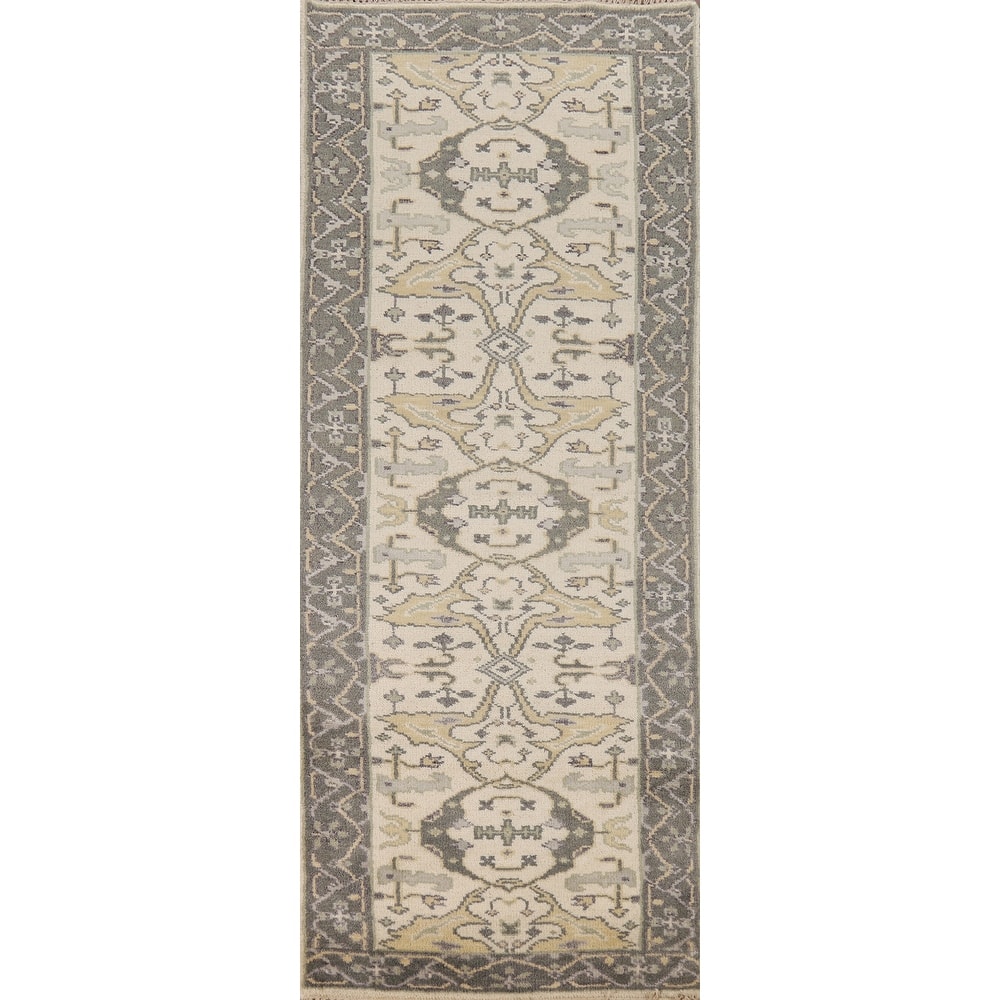 Ivory Gray Oushak Oriental Runner Rug Handmade Wool Carpet - 2'6"x 7'11"