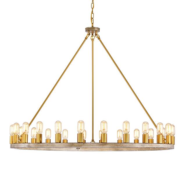 The Gray Barn Liam 48-inch Round Wagon Wheel 24-light Chandelier - Imitation Wood Grain+Gold Socket
