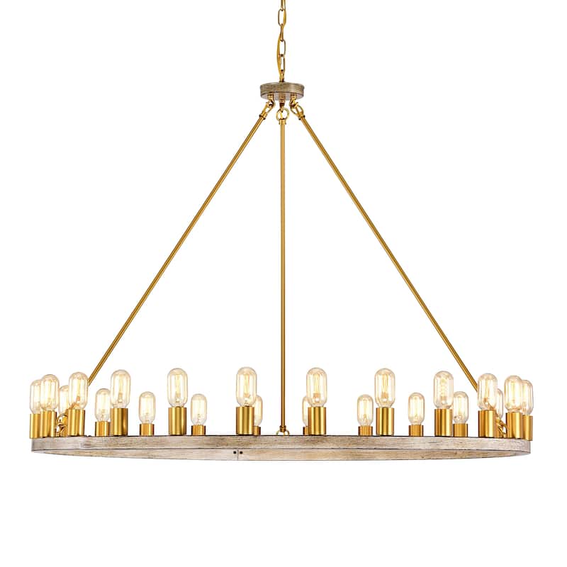 The Gray Barn Liam 48-inch Round Wagon Wheel 24-light Chandelier - Imitation Wood Grain+Gold Socket
