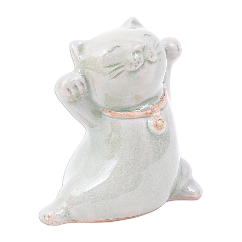 Novica Handmade Lucky And Playful Celadon Ceramic Figurine