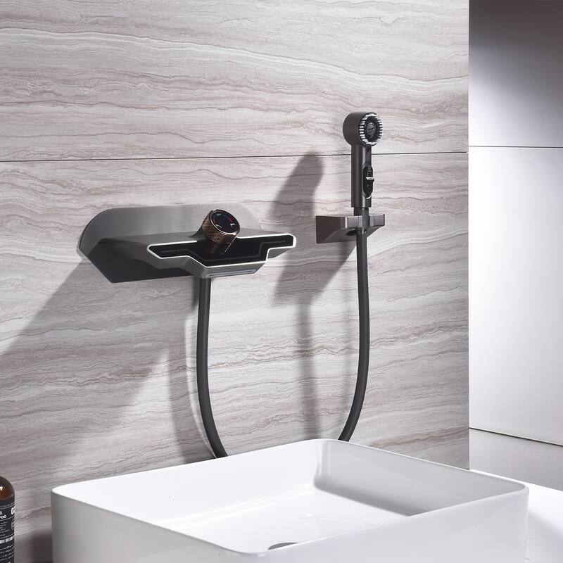 Wall-mounted Brass LED Digital Display Bathroom Faucets With Handheld Shower