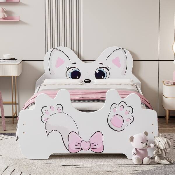 slide 2 of 12, Cartoon Twin Bed with Trundle and Cute Headboard, White White