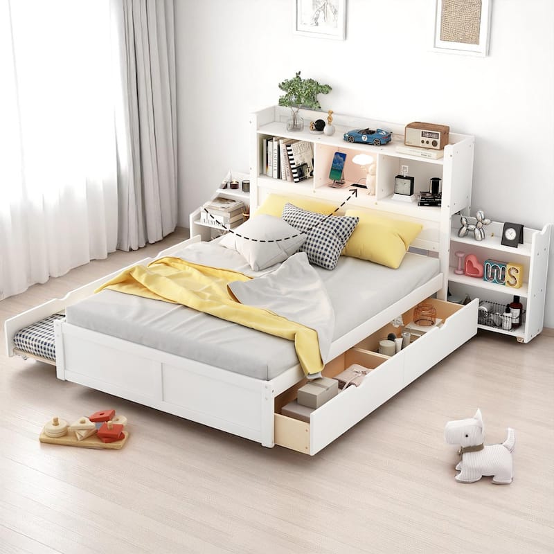 Full Storage Bed with Trundle, Headboard Shelves, USB Charging Port & 2 Drawers, Pine Wood Frame - White - Full