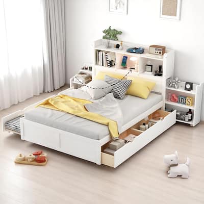 Full Storage Bed with Trundle, Headboard Shelves, USB Charging Port & 2 Drawers, Pine Wood Frame