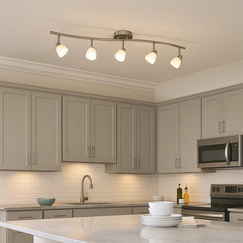 5 Light 120V Metal Track Light Fixture with Glass Shade, White and Silver