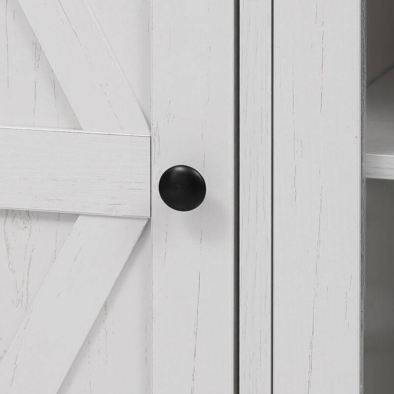 53'' Farmhouse Kitchen Island with Two Tempered Glass Cabinet Doors, Drop Leaf, 5 Open Side Racks and 3 Drawers