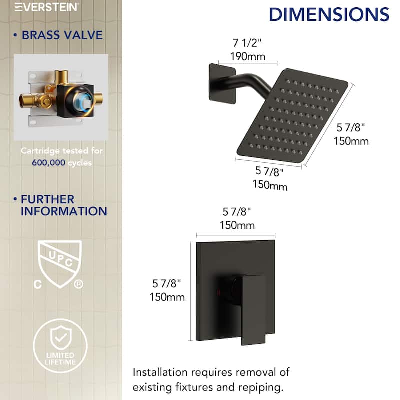 Stainless Steel Rainfall Shower Head, Single-Function Shower Faucet with Pressure-Balanced Valve