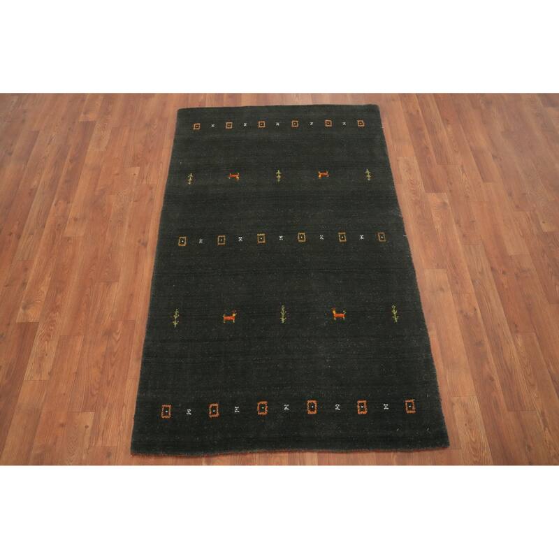 Hand Knotted Oriental 100% Wool Carpet Tribal Animal Pictorial Green Gabbeh Area Rug - 4' 11'' X 3' 0''